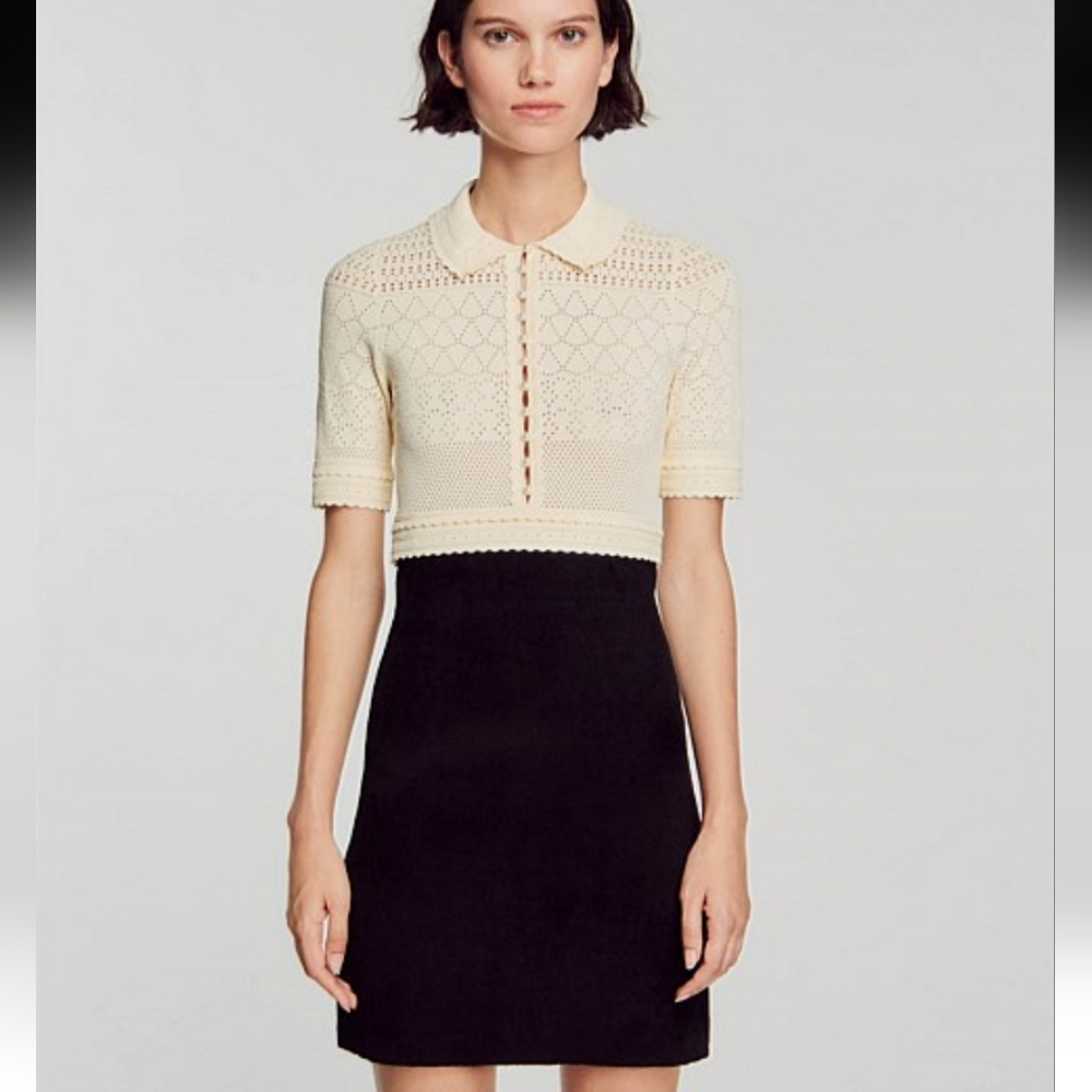 Sandro Cream and Black Crochet Blouse